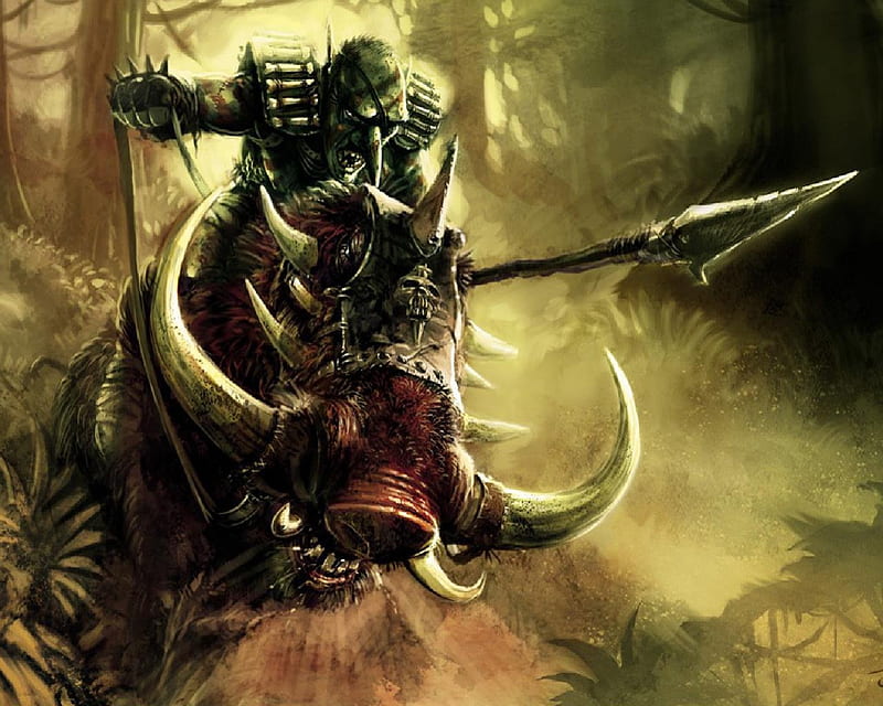 Goblin Boar Rider, boar, forest, goblin, spear, tusks, HD wallpaper