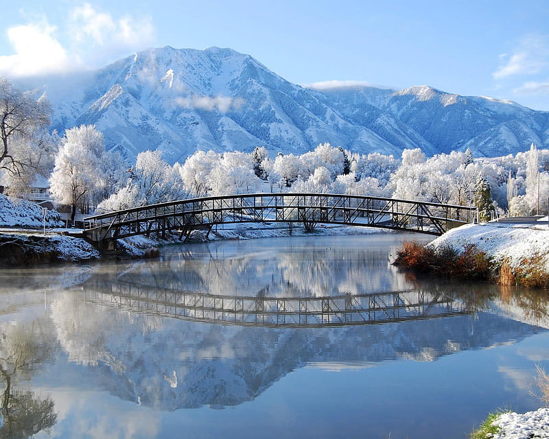 Scenic, bridge, ice, snow, winter, HD wallpaper