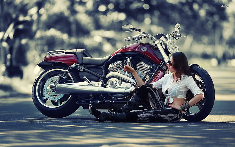 Two Beauties, brunette, beauties, model, road, motorcycle, HD wallpaper