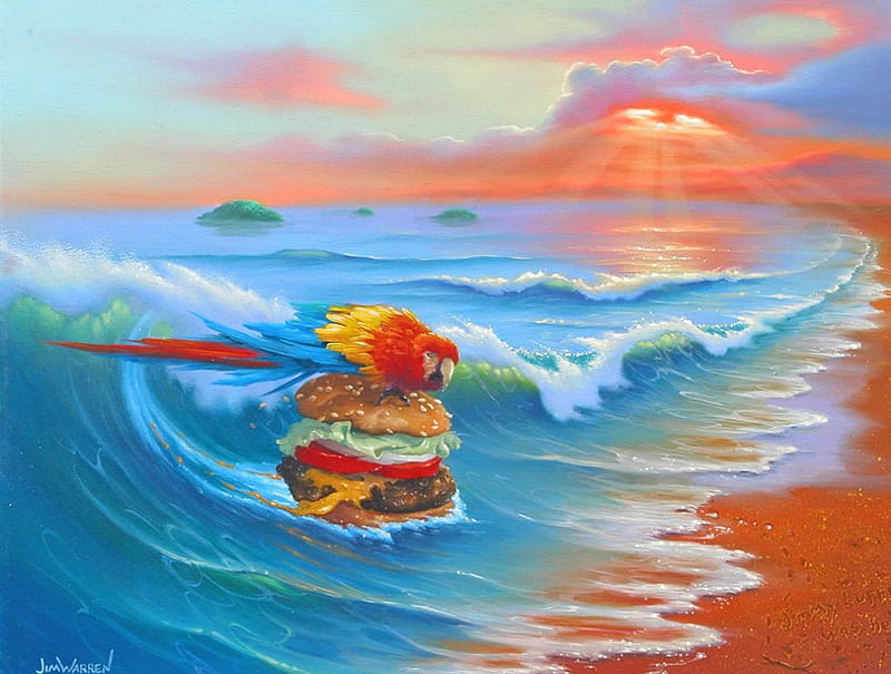 Cheeseburger in Paradise, beach, painting, parrot, waves, artwork, burger, sea, HD wallpaper