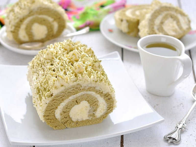 Cake roll, cake, table, roll, food, cup, tea, HD wallpaper