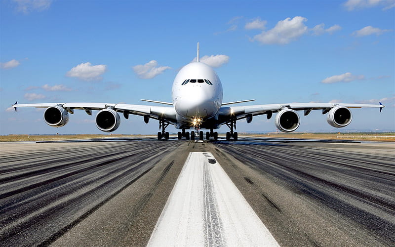 Airbus A380, passenger airplane, airport, runway, HD wallpaper