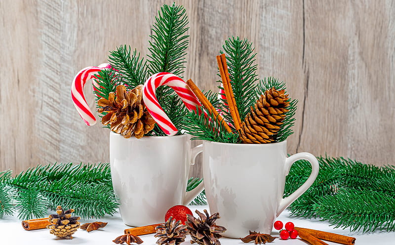 Christmas Card 2019 Ultra, Holidays, Christmas, green, 2019, celebration, merry, xmas, cold, decoration, holiday, postcard, card, desenho, festive, newyear, candycanes, anise, firtree, branches, cinnamon, cones, mugs, HD wallpaper