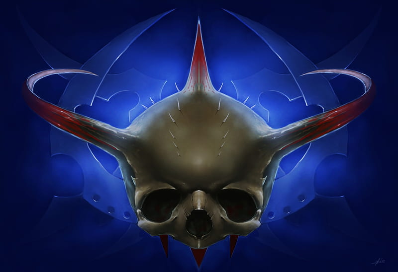 Spawn of the Demon, fantasy, socket, skull, horns, blue, HD wallpaper