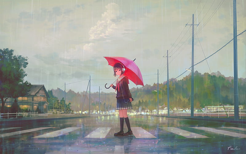 anime school girl, raining, umbrella, street, headphones, Anime, HD wallpaper
