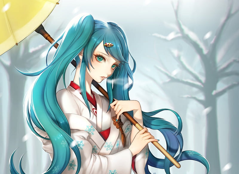 Snow Cg Hatsune Miku Umbrella Yuki Twin Tail Anime Yukata Anime Girl HD Wallpaper Peakpx