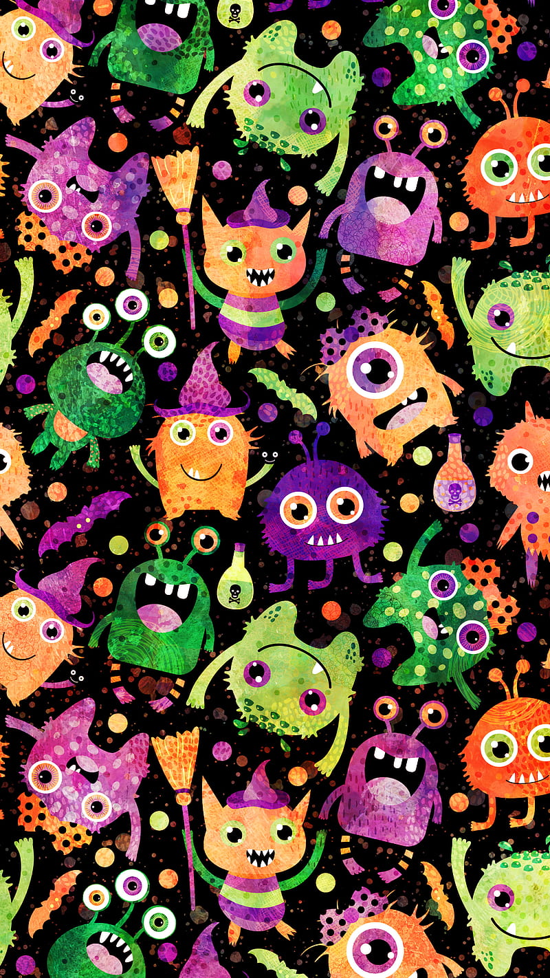 Fun Halloween Monsters, Adoxali, alien, animal, bat, beast, broom, cartoon, character, color, cool, creature, creepy, cute, cyclops, face, fantasy, funny, happy, hat, illustration, monster, party, pattern, scary, silly, smile, space, spider, spooky, spoopy, teeth, trick or treat, ugly, witch, HD phone wallpaper