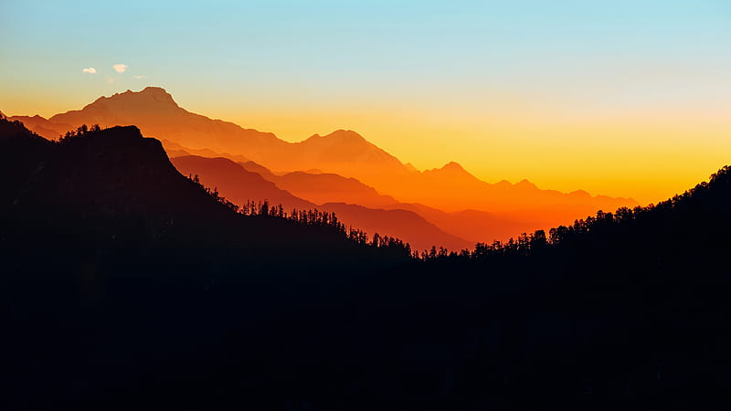 sunset, mountains, scenery, clear sky, silhouette, trees, Landscape, HD wallpaper