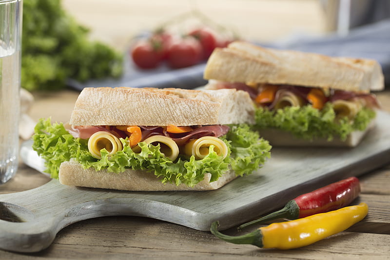 sandwich with lettuce and cheese served on chopping board, HD wallpaper