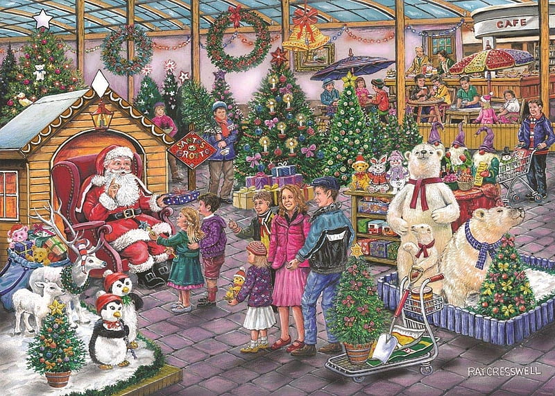 Santa's Grotto, people, santa, christmas, decoration, painting, bears, trees, HD wallpaper