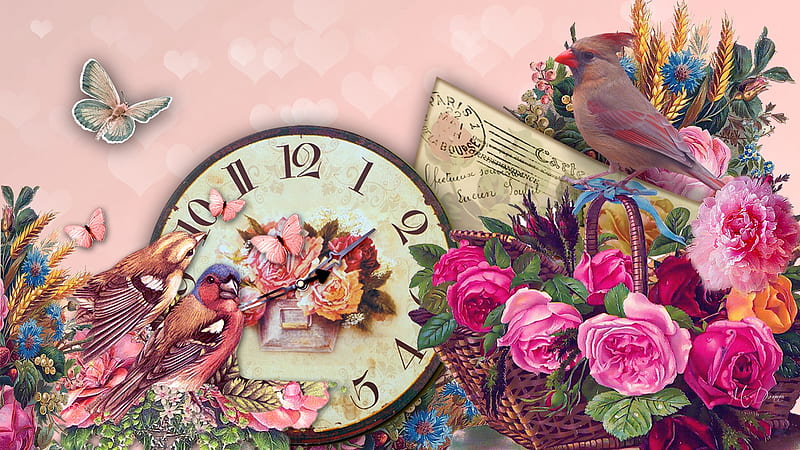 Vintage Roses, roses, card, vintage, Firefox theme, time, clock, old fashion, postmark, bouquet, bird, butterfly, flowers, HD wallpaper