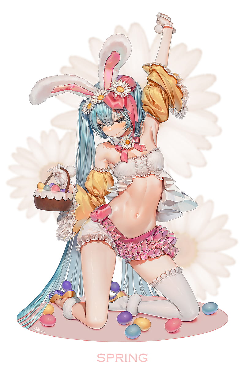 anime girls, bunny ears, white thigh highs, belly, frills, kneeling, long hair, twintails, blue hair, Easter, easter eggs, Easter Bunny, Vocaloid, Hatsune Miku, HD phone wallpaper