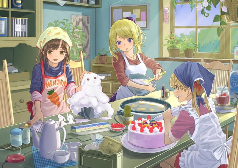 Baking In The Kitchen, cake, food, icing, flour, kitchen, baking, anime, girls, aprons, HD wallpaper