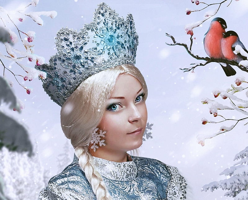 Snow Maiden, face, blue, winter, ianra, frumusete, luminos, pavel elk, fantasy, girl, bird, pasari, white, HD wallpaper