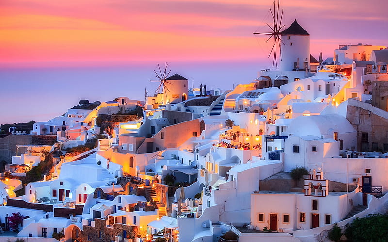 Santorini, Thira island, Aegean Sea, Greece, romantic place, sunset, evening, white city, HD wallpaper