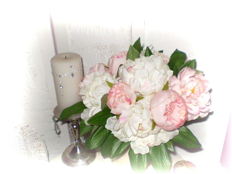 Misted Peonies, candle, candle holder, misty look, peony flowers, pink, cream, HD wallpaper