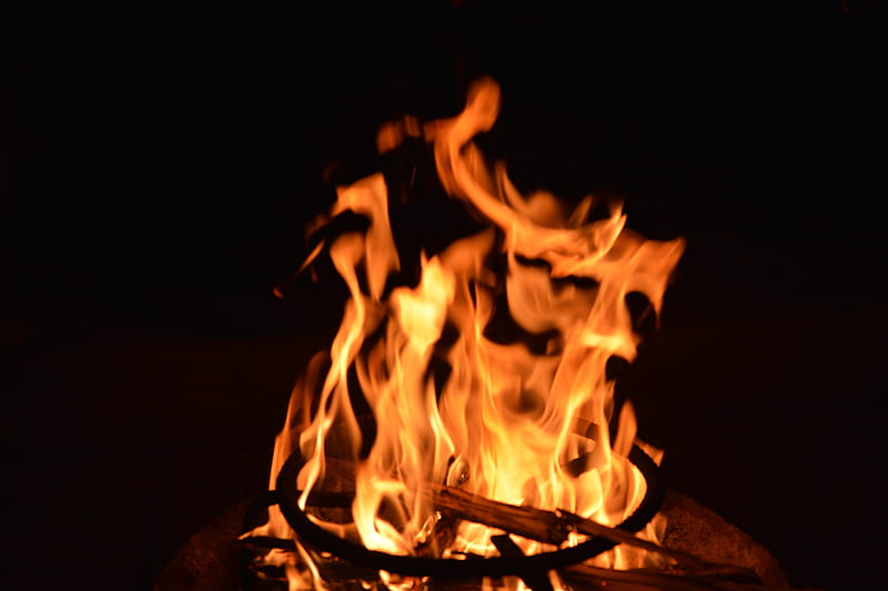 bonfire, fire, flame, night, HD wallpaper