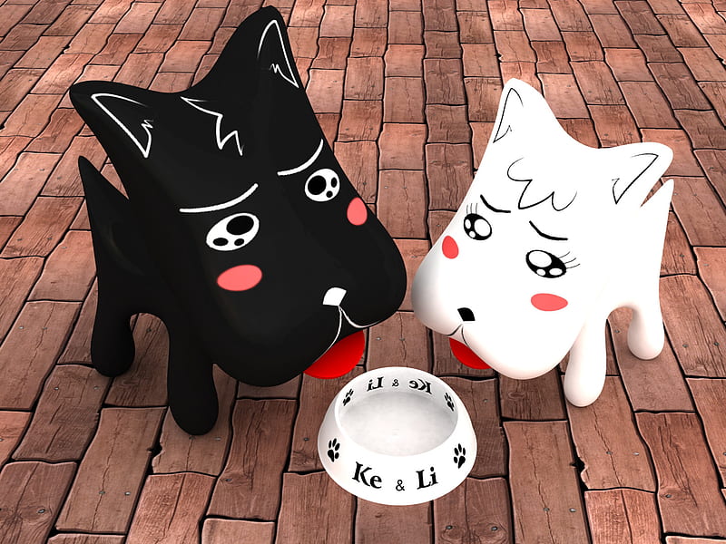 feed the dogy, dolls, cute, 3d, black, foos, white, dogs, HD wallpaper
