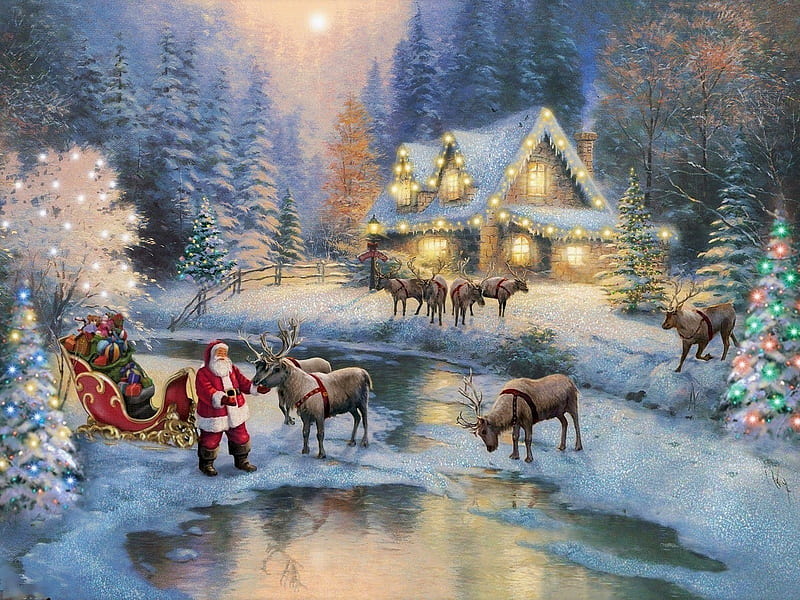 Christmas Cottage, forest, santa, snow, painting, ice, river, reindeer, artwork, HD wallpaper