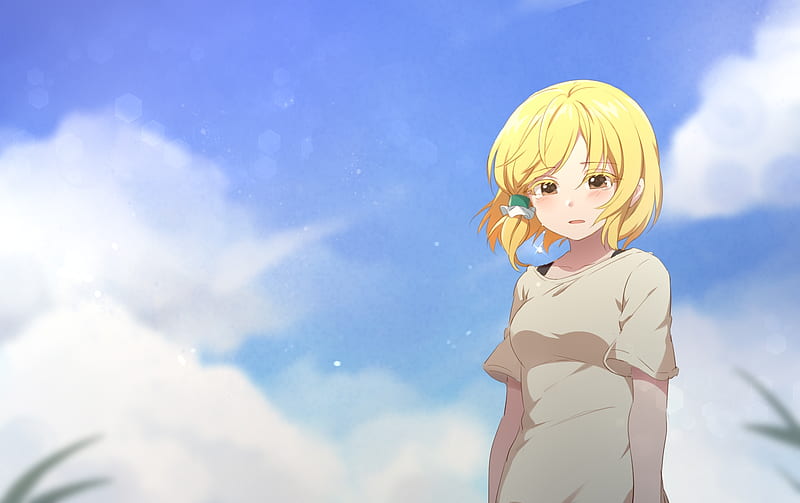 hidaka koharu, high score girl, blonde, clouds, brown eyes, teary eyes, Anime, HD wallpaper