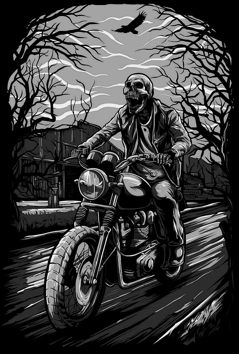 Motorcycle, black and white, dead, desert, jacket, motor, raven, skull, vehicle, HD phone wallpaper