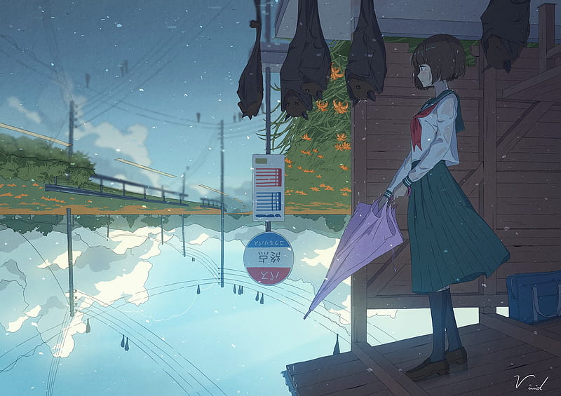 pretty anime girl, raining, umbrella, school uniform, profile view, bats, Anime, HD wallpaper