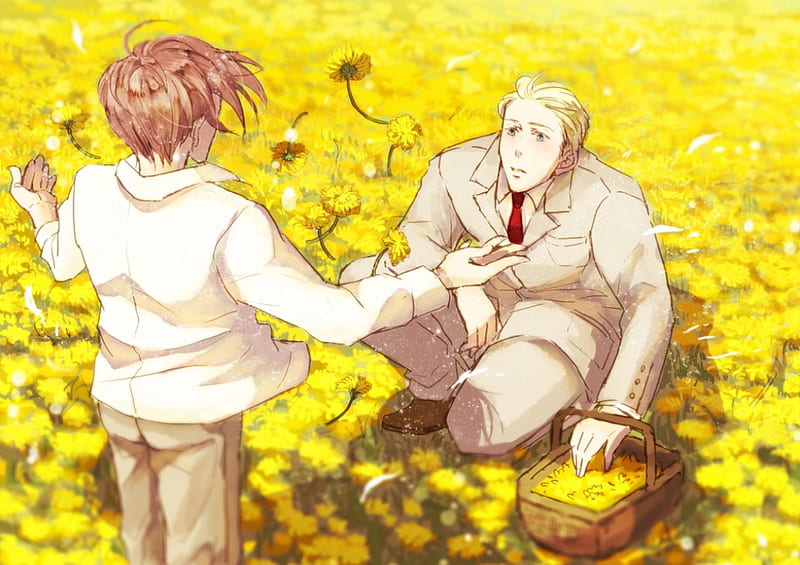 Yellow, two males, manga, North Italy aph, duo, anime, Italy aph, flowers, hetalia axis powers, aph, hetalia, Germany aph, HD wallpaper
