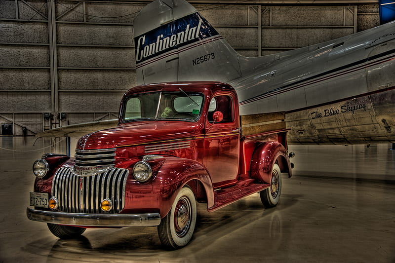 The Little Red Truck, museum, galveston, aircraft, air, chevy, truck, hanger, HD wallpaper