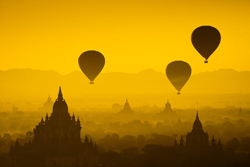 Myanmar Burma, air balloons, myanmar, yellow, temple, morning, burma, silhouette, castle, HD wallpaper
