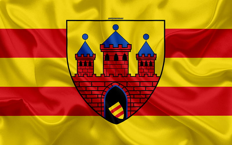 Flag of Oldenburg silk texture, red yellow silk flag, coat of arms, German city, Oldenburg, Lower Saxony, Germany, symbols, HD wallpaper