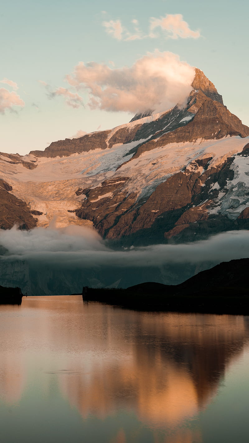 mountains, lake, rocks, snowy, clouds, HD phone wallpaper