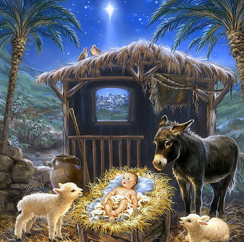 Born in a Stable, stars, Christmas, holidays, love four seasons, born, baby, xmas and new year, winter, paintings, snow, winter holidays, animals, HD wallpaper