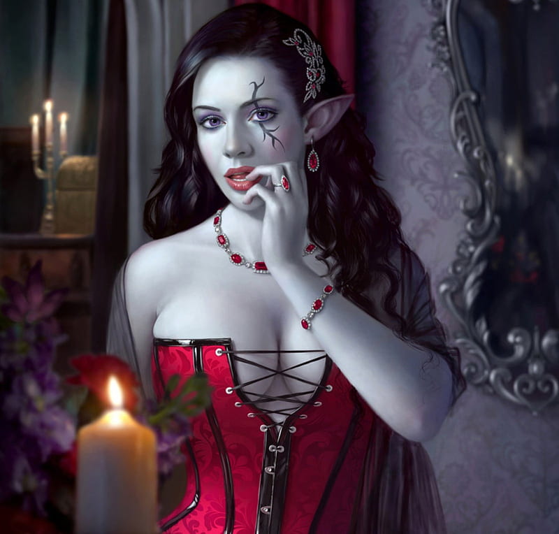 Mystical Elf, mystical, red, elf, candle light, room, sexy, jewelry, HD wallpaper