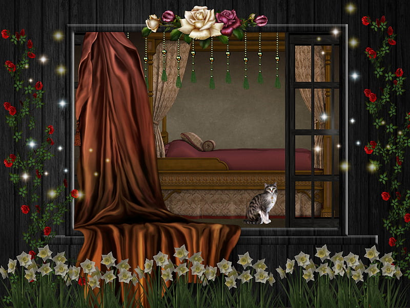 ✼Window of Waiting Some Love✼, grass, digital Art, interior, curtain, bedroom, bonito, bed, leaves, stock , love, flowers, animals, lovely, window, romantic, floor, premade, kitty, roses, trees, cat, cute, waiting, plants, beads, backgrounds, HD wallpaper
