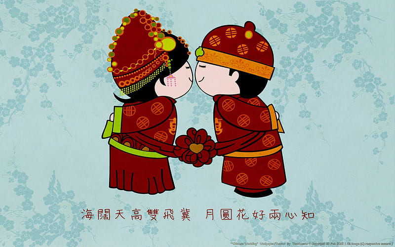 Chinese Wedding, red, romance, flower, lover, chinese, wedding, blue, HD wallpaper
