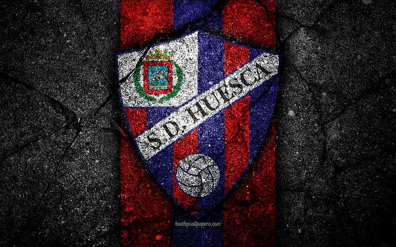 FC Huesca, logo, Segunda Division, soccer, black stone, football club, Spain, SD Huesca, LaLiga2, asphalt texture, Huesca FC, HD wallpaper