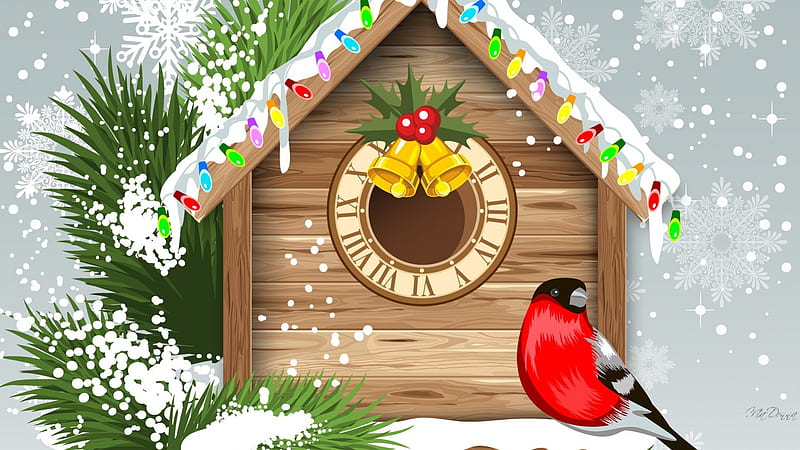 Holiday Finch, Christmas, holidays, New Years, clock, finch, lights, winter, pine, bird, snow, decorations, bull finch, fir, spruce, HD wallpaper