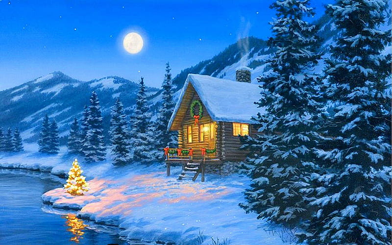 ★Christmas Blue Cabin★, holidays, bonito, most ed, digital art, seasons, xmas and new year, greetings, paintings, moon, landscapes, blue, lakes, lovely, colors, love four seasons, creative pre-made, christmas trees, trees, snow, mountains, winter holidays, celebrations, HD wallpaper