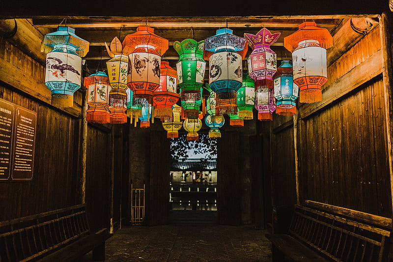 assorted-color Chinese lanterns inside room, HD wallpaper