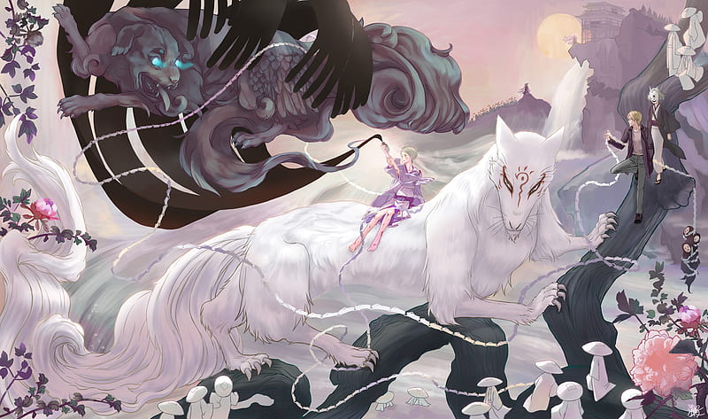 Japanese Scroll, anime fantasy, lotus flower, anime, sakura tree, white  wolf, HD wallpaper | Peakpx