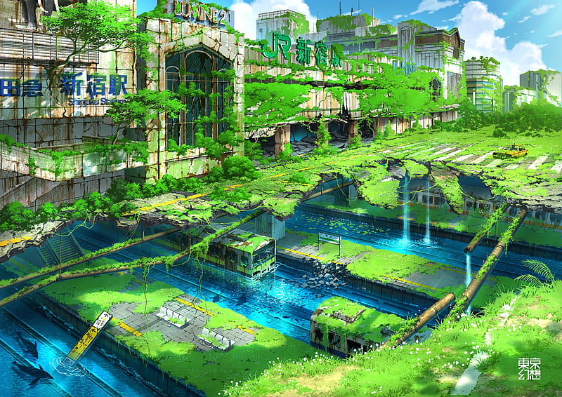 Anime apocalypse, shinjuku station, ruins, green, post-apocalyptic, Anime,  HD wallpaper | Peakpx