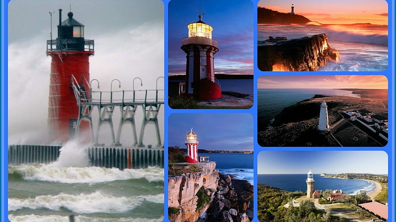 lighthouses-of-the-wor, water, collage, lighthouse, ocean, HD wallpaper