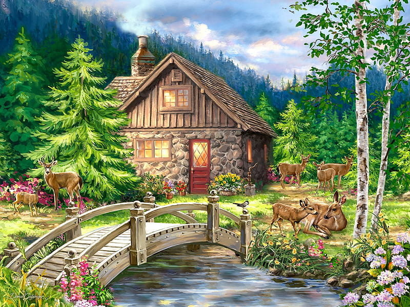 Mountain Cottage, house, bridge, painting, river, sky, trees, deer, artwork, HD wallpaper