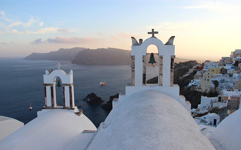 Santorini, Greece, Santorini, Greece, island, church, cross, sea, bells, HD wallpaper