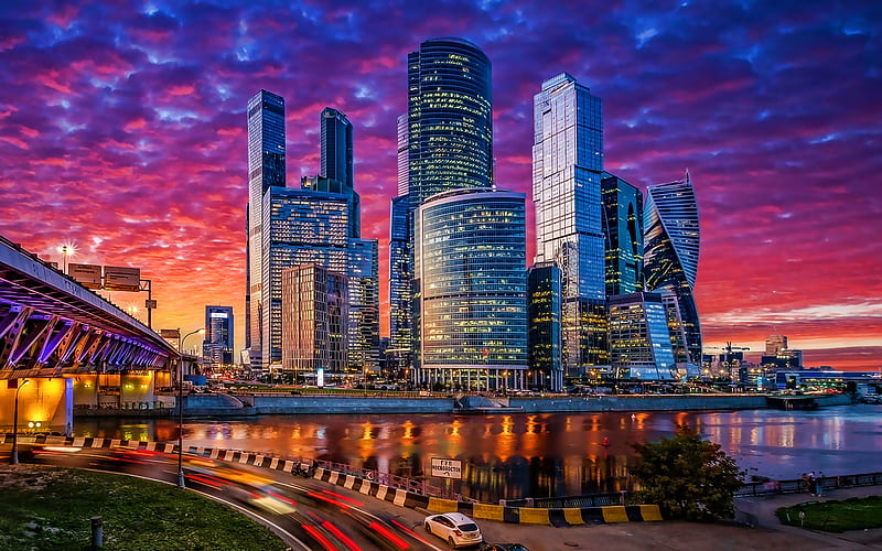 Moscow City at evening, sunset, R, Russia, modern buildings, Moscow, russian cities, cityscapes, skyscrapers, Moscow landmarks, HD wallpaper