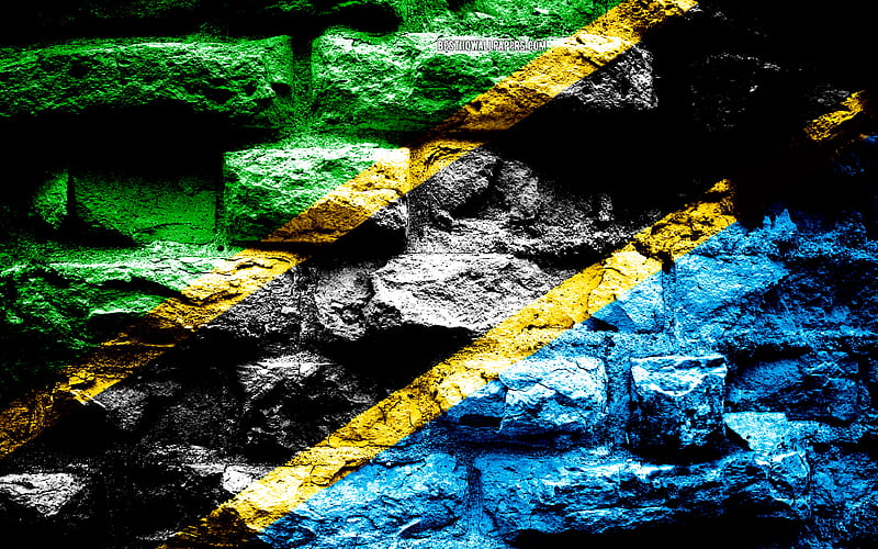 Tanzania flag, grunge brick texture, Flag of Tanzania, flag on brick wall, Tanzania, flags of Africa countries, HD wallpaper