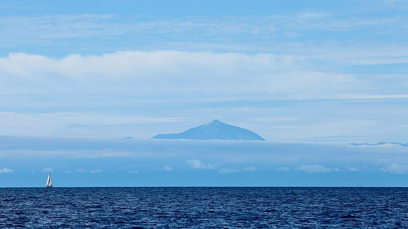 Spain Island of Tenerife, see, view, teberife, clouds, volcano, spain, nature, island, canaries, HD wallpaper