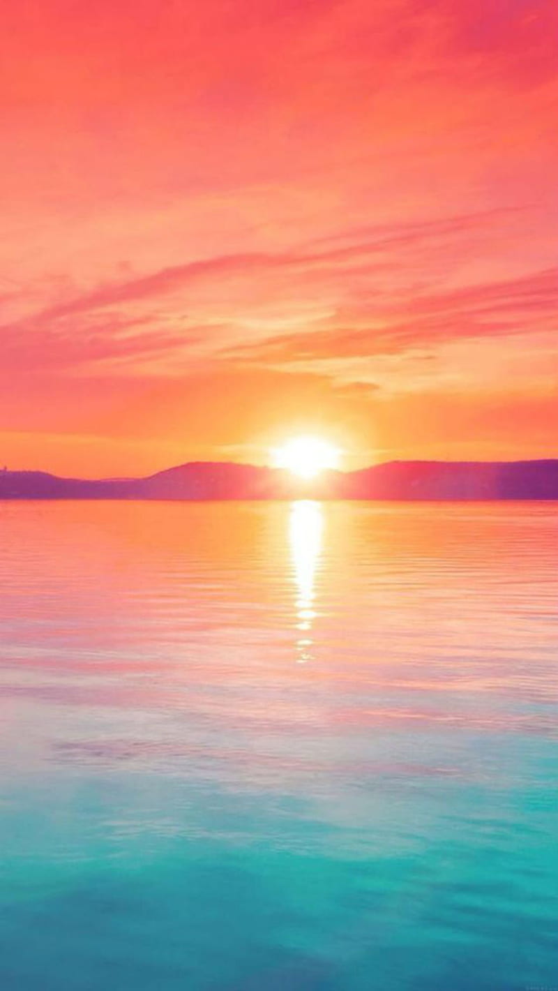 Sunset water, lake, sunset, peach, turquoise, waves, distant, HD phone wallpaper