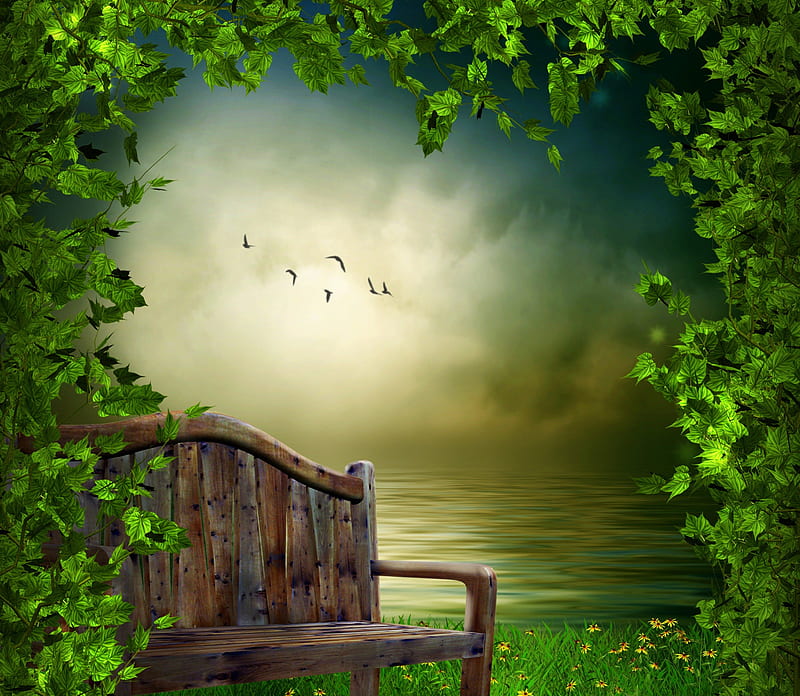 ✼Place of Peace✼, pretty, grass, premade BG, attractions in dreams, bonito, clouds, leaves, green, stock , flowers, resources, animals, flying birds, lakes, lovely, colors, love four seasons, bench, creative pre-made, peace, sky, trees, water, cool, best of the best, plants, gardens and parks, backgrounds, nature, HD wallpaper