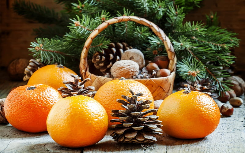 Fruits and Nuts with Christmas Tree, Fruits, Pine Cones, Tree, Nuts, HD wallpaper